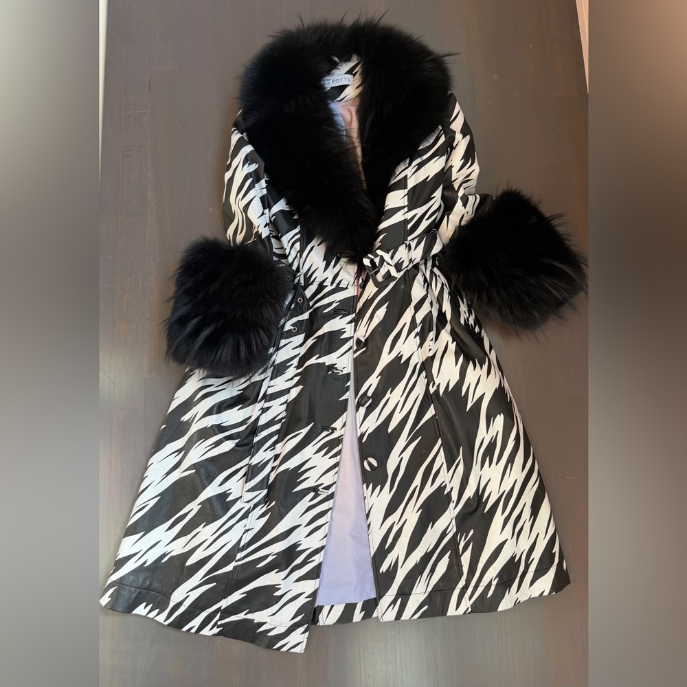Saks Potts zebra black and white real leather coat with fur trim and collar